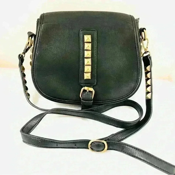 MMS Black Faux Leather w/ Gold Studded Hardware Adjustable Strap Crossbody Bag - Picture 1 of 15